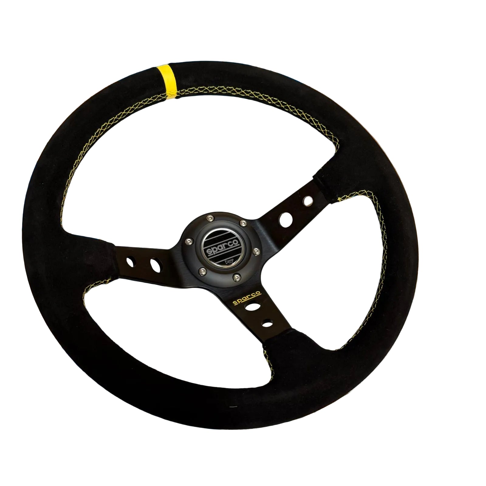 VOLANTE DEPORTIVO 14" CENTRO DESPLAZADO GAMUZA SPARCO - NEGRO Y AMARILLO