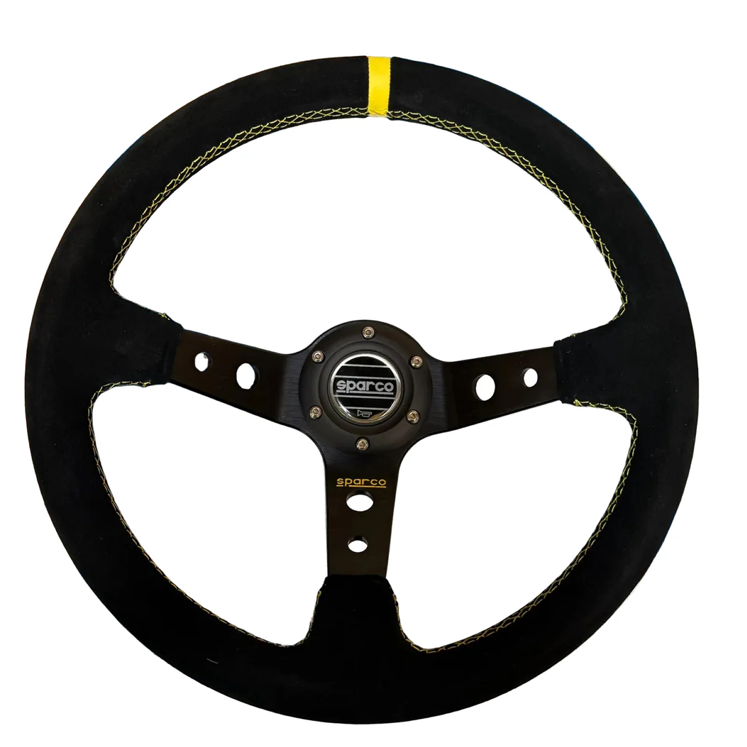VOLANTE DEPORTIVO 14" CENTRO DESPLAZADO GAMUZA SPARCO - NEGRO Y AMARILLO