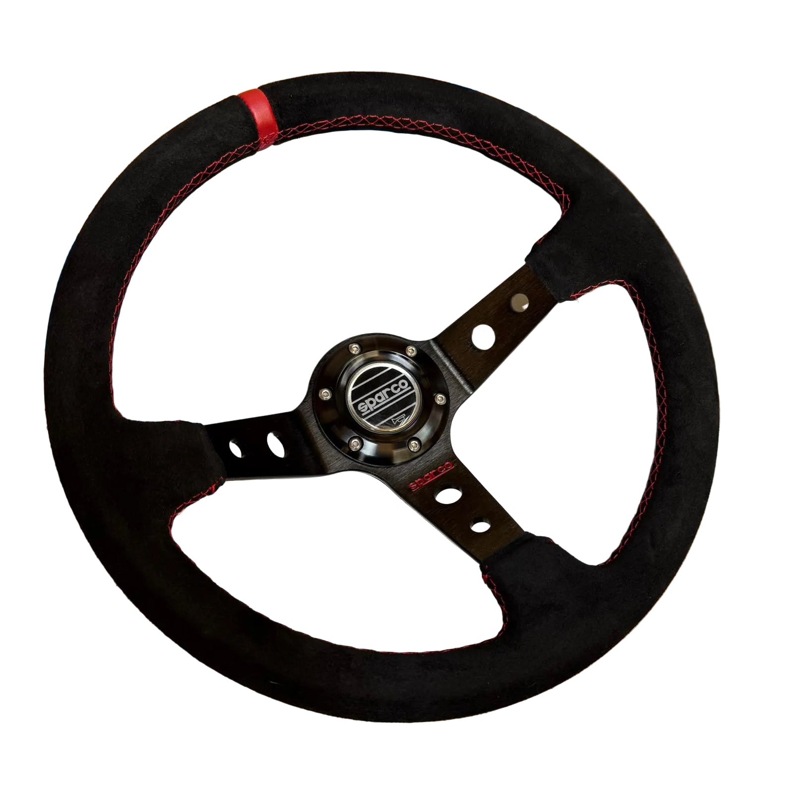 VOLANTE DEPORTIVO 14" CENTRO DESPLAZADO GAMUZA SPARCO - NEGRO Y ROJO